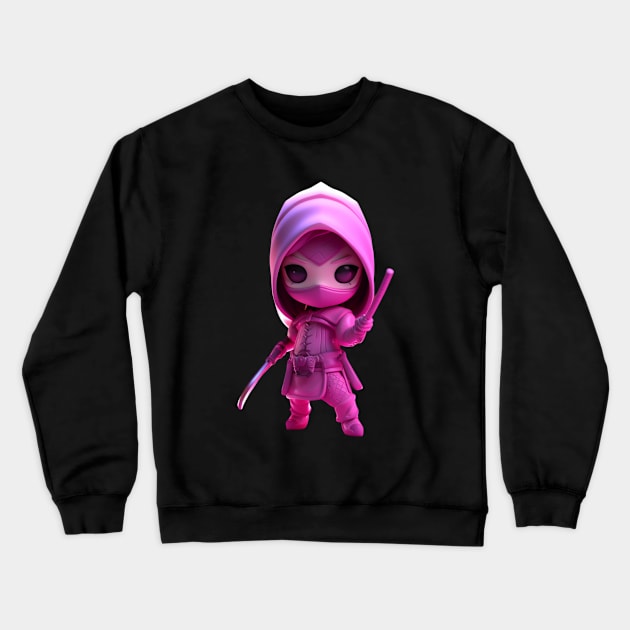 Pink Ninja Goddess: 3D Cartoon Art Depicting a Warrior Assassin in Black and White Crewneck Sweatshirt by YUED